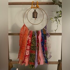 🌈🔔 Colorful Boho India Hanging Copper colored Bell & Vintage Sari Ribbon Decor